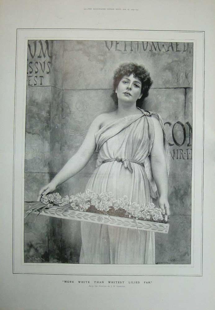 Original Old Antique Print Portrait 1903 Beautiful Lady Woman Flowers 20th