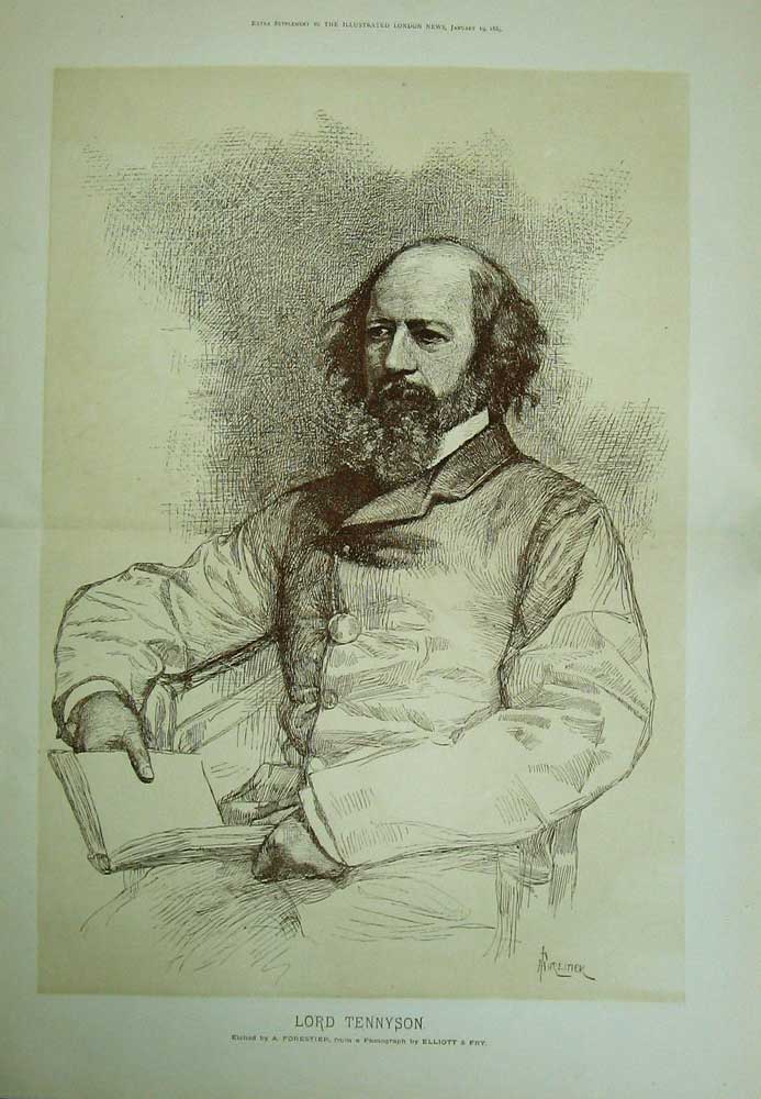 Original Old Antique Print 1884 Portrait Lord Tennyson Forestier Elliott 19th