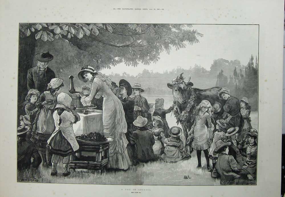Old Antique Print Day Out Arcadia 1881 Children Picnic Country Cow Art 19th