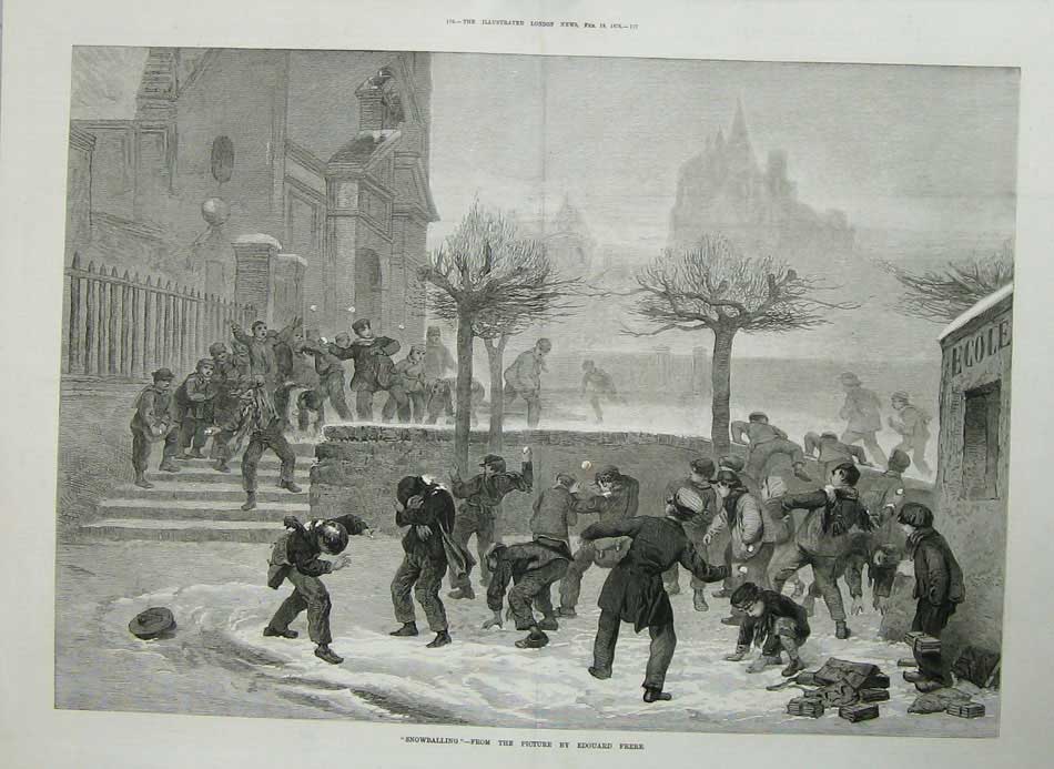 Old Antique Print 1876 Children Snowball Fighting Winter Snow Frere Art 19th