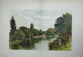 Original Old Antique Print 1887 Colour View Mapledurham River Trees Lady Dog