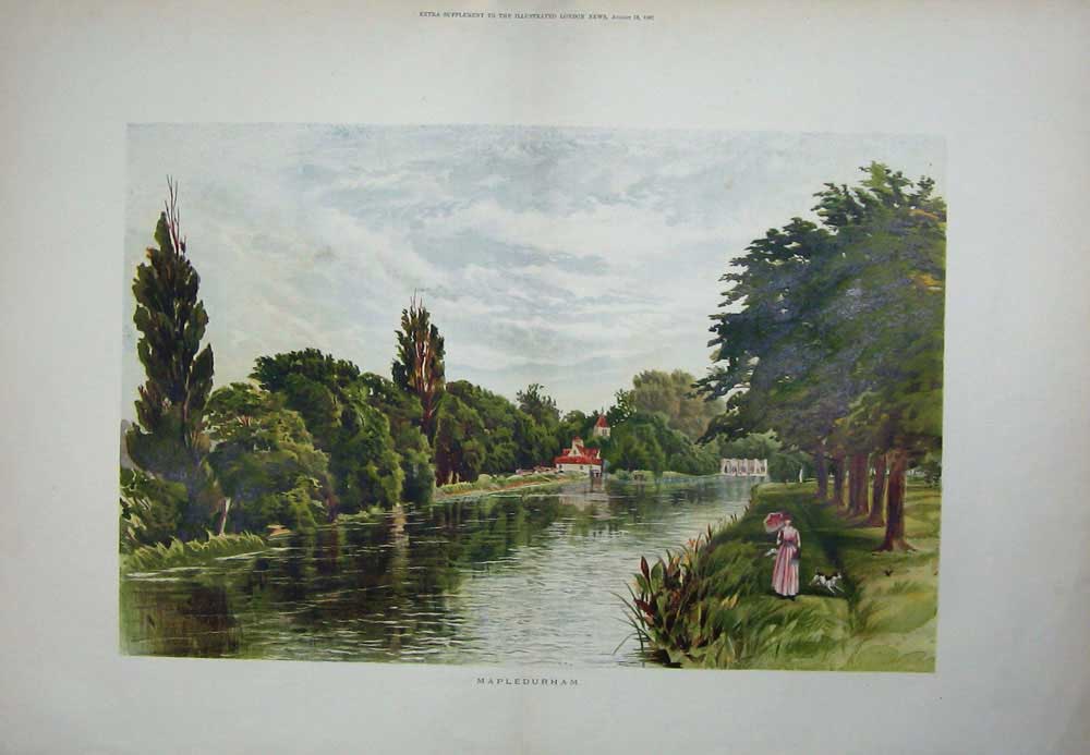Original Old Antique Print 1887 Colour View Mapledurham River Trees Lady Dog