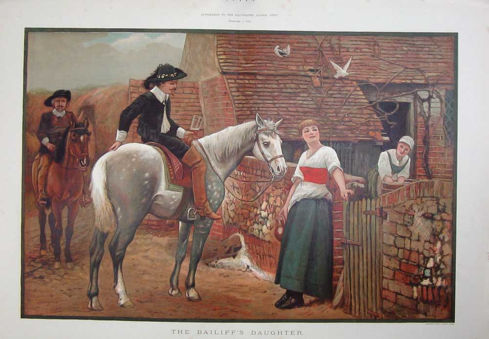 Original Old Antique Print 1888 Colour Bailiff'S Daughter Horse Men Romance