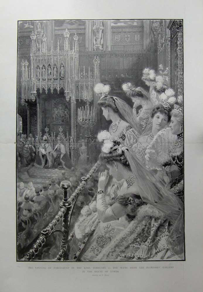 Original Old Antique Print 1904 Parliament King Peeresses Gallery House Lords