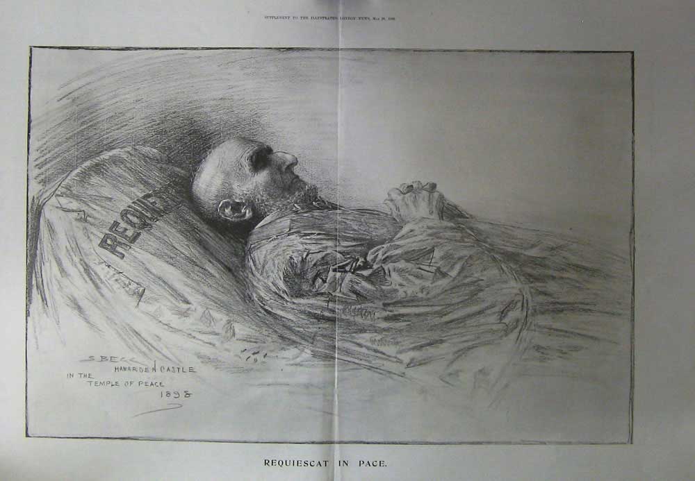 Old Antique Print 1898 Requiescat Pace Begg Hawarden Castle Temple Peace 19th