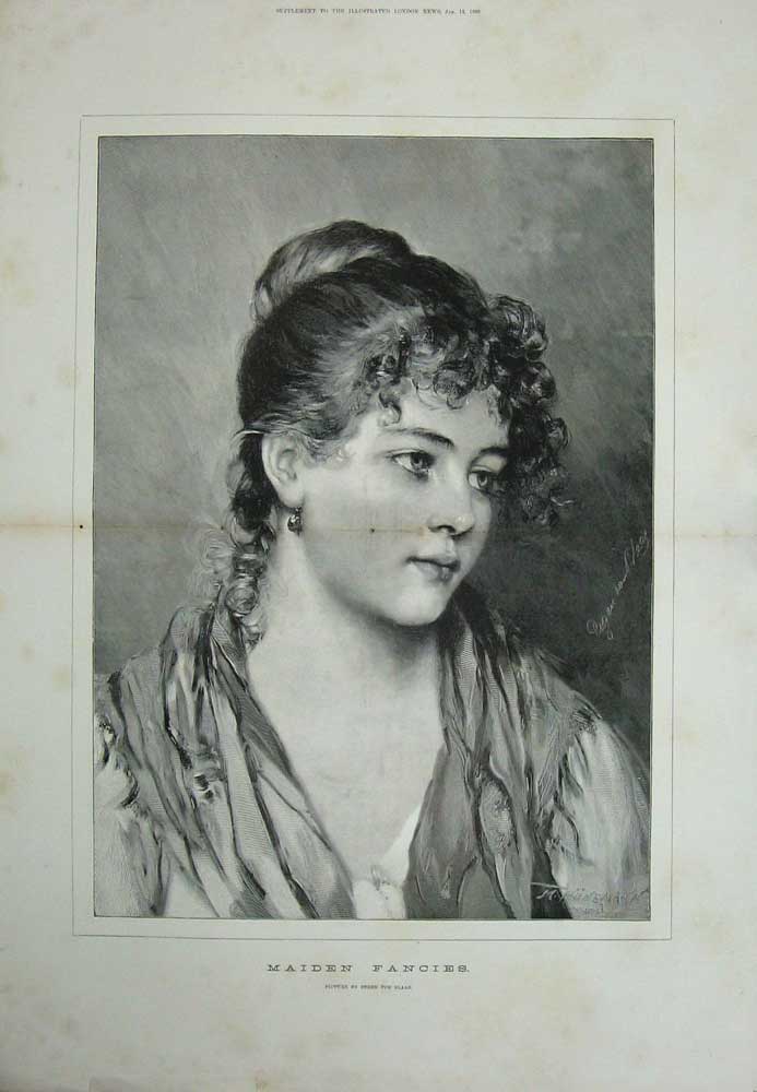 Original Old Antique Print 1889 Portrait Maiden Fancies Lady Woman Blass 19th