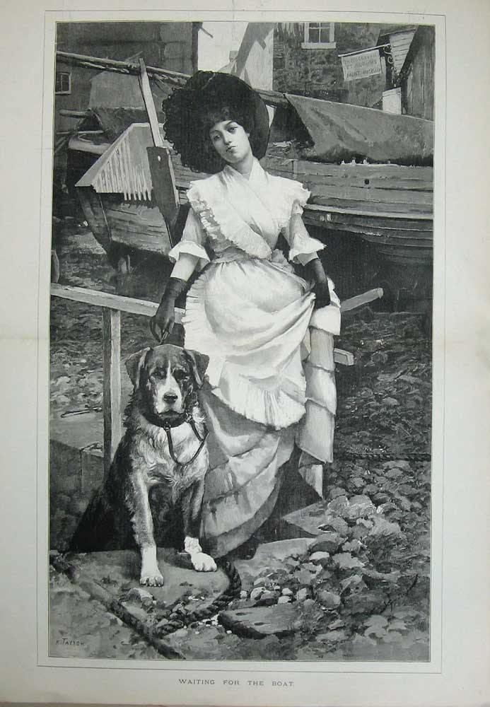 Old Antique Print 1889 Beautiful Young Woman Dress Gloves Dog Taylor Art 19th