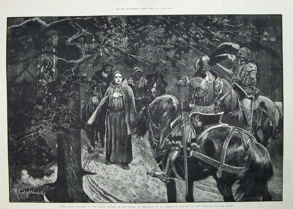Antique Old Print 1883 Luther Prisoner Saxon Knights Forest Thuringia Art 19th