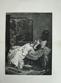 Old Antique Print 1884 Morris Fine Art Little Girls Doorstep Kitten Dog 19th