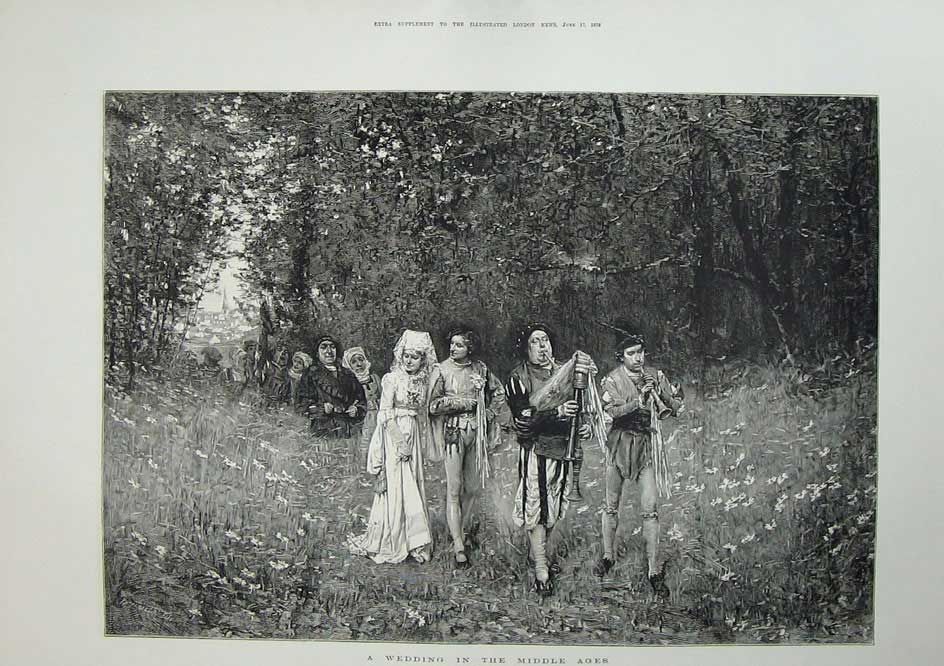 Original Old Antique Print 1876 Wedding Middle Ages Marriage Flowers Trees Art