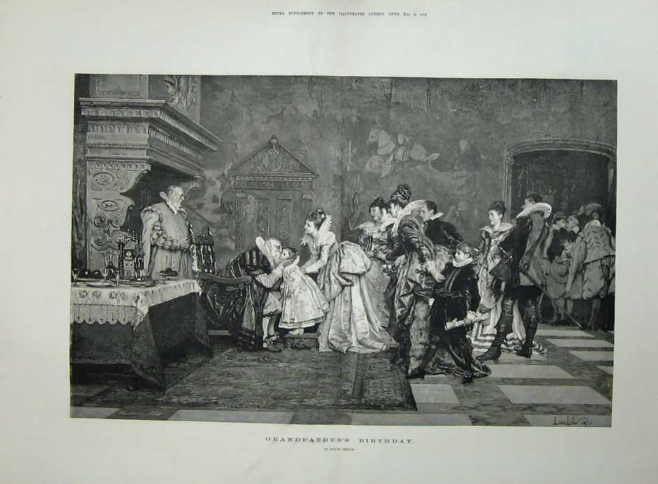 Old Antique Print 1876 Grandfathers Birthday Party Family Louis Leloir 19th