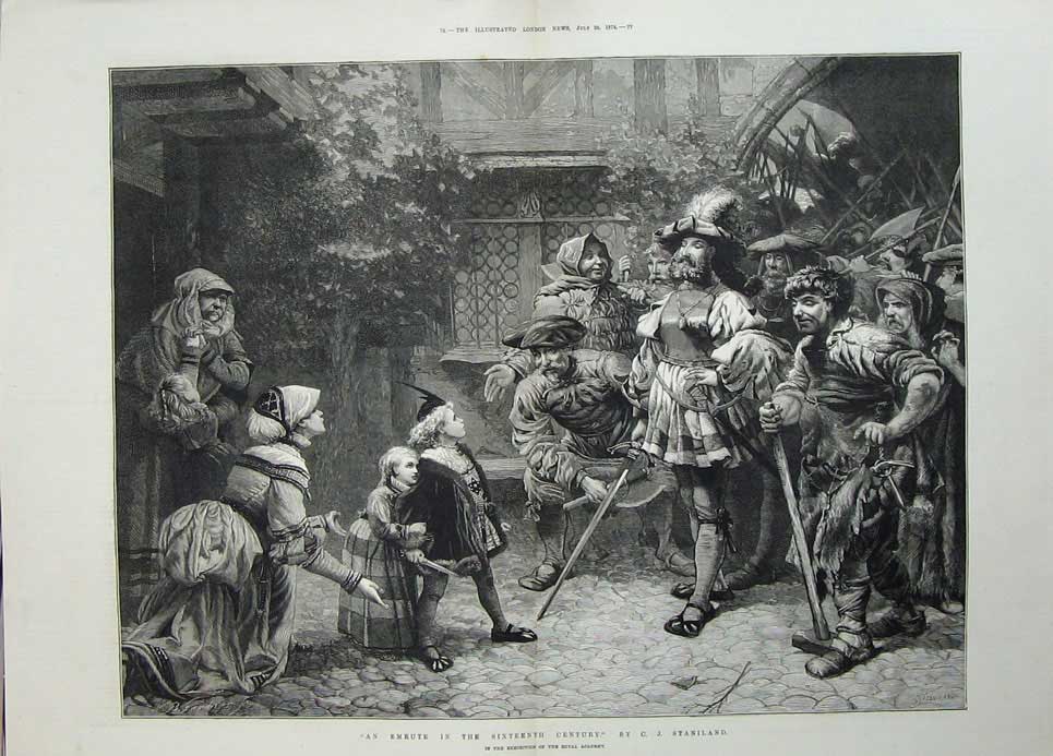 Old Antique Print 1874 Emeute Sixteenth Century Stainland Children Men 19th