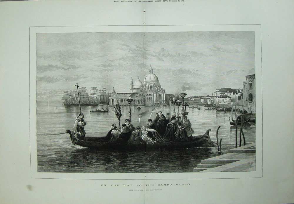 Antique Old Print 1875 Canal Boat Campo Santo Sailing Ship Carla Montalba 19th