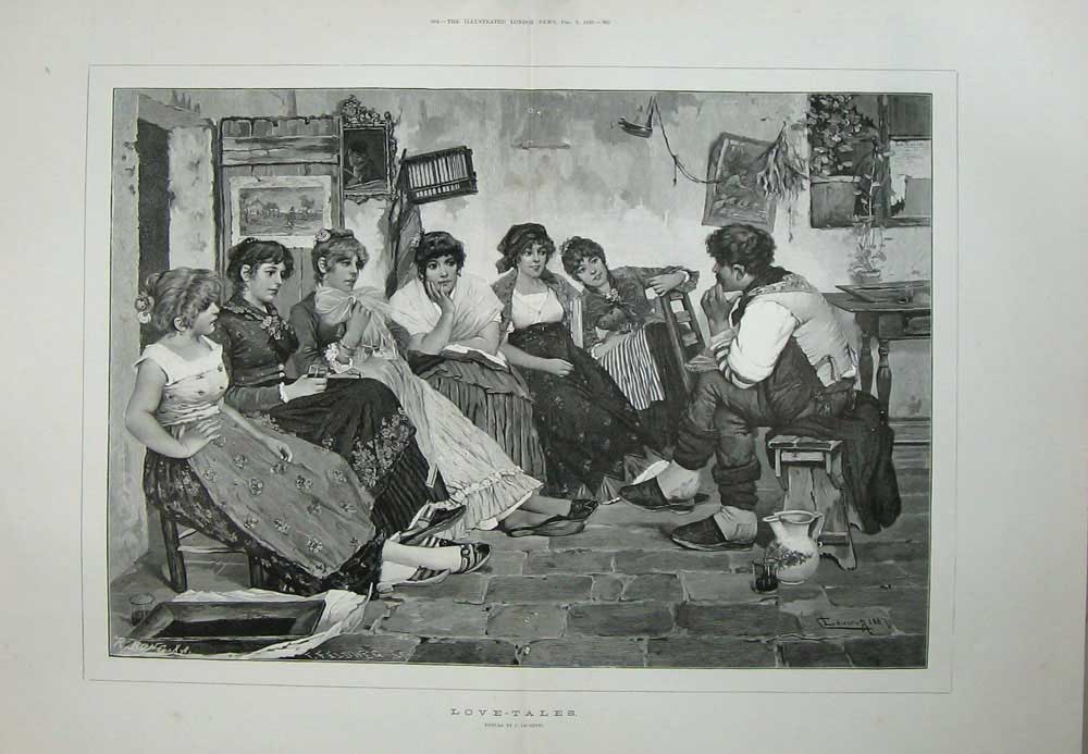 Old Antique Print 1888 Laurenti Fine Art Love-Tales Man Ladies Romance 19th