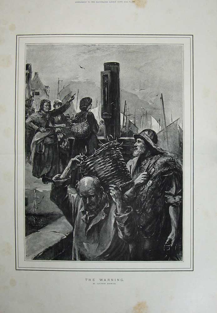 Antique Old Print 1886 Davidson Knowles Fine Art Men Fishing Basket Boats 19th