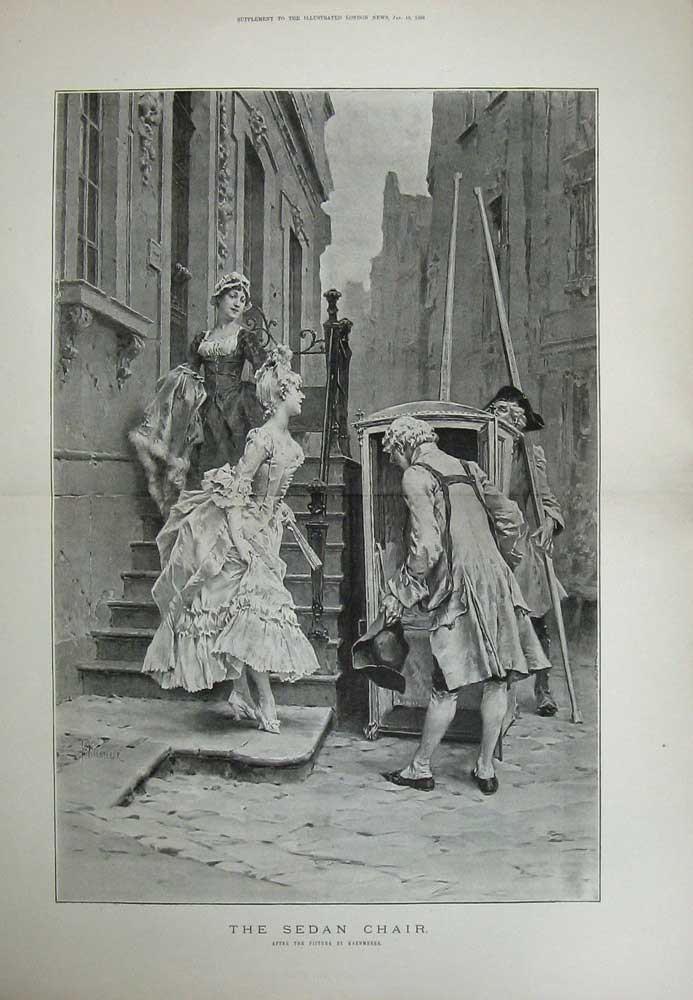 Original Old Antique Print 1886 Sedan Chair People Ladies Kaenmerer Gentlemen