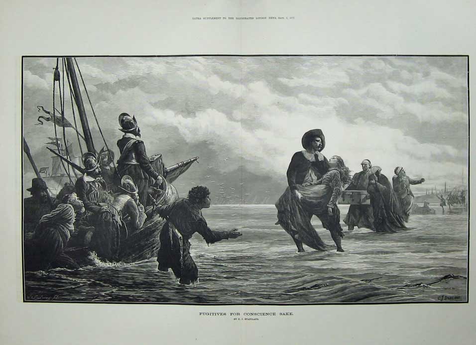 Original Old Antique Print 1877 Staniland Fine Art Fugitives Ship Siers Priest