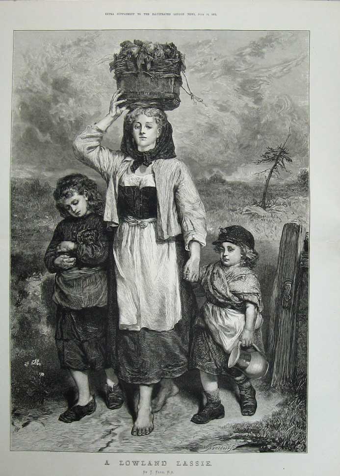 Antique Old Print 1873 Gardner Fine Art Lowland Lassie Faed Children Lady 19th