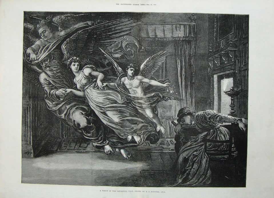 Original Old Antique Print 1870 Poynter Fine Art Lady Sleeping Winged Angels