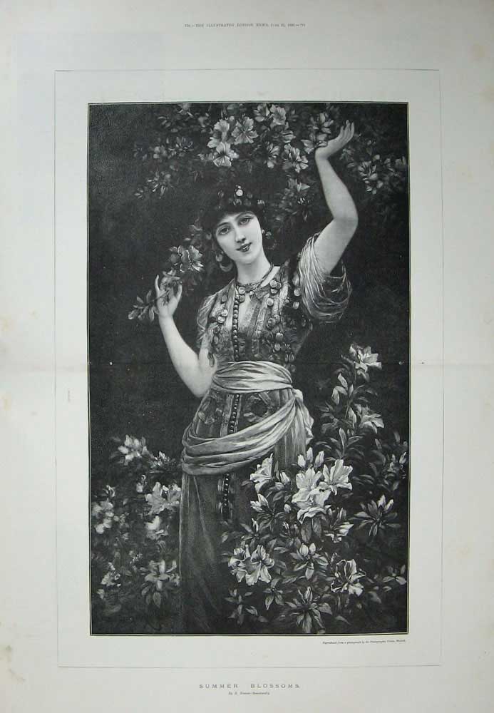Old Antique Print 1895 Semenowsky Fine Art Women Summer Blossoms Flowers 19th