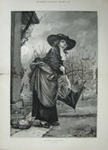 Original Old Antique Print 1877 Fine Art Edwards Rainy Weather Woman Umbrella