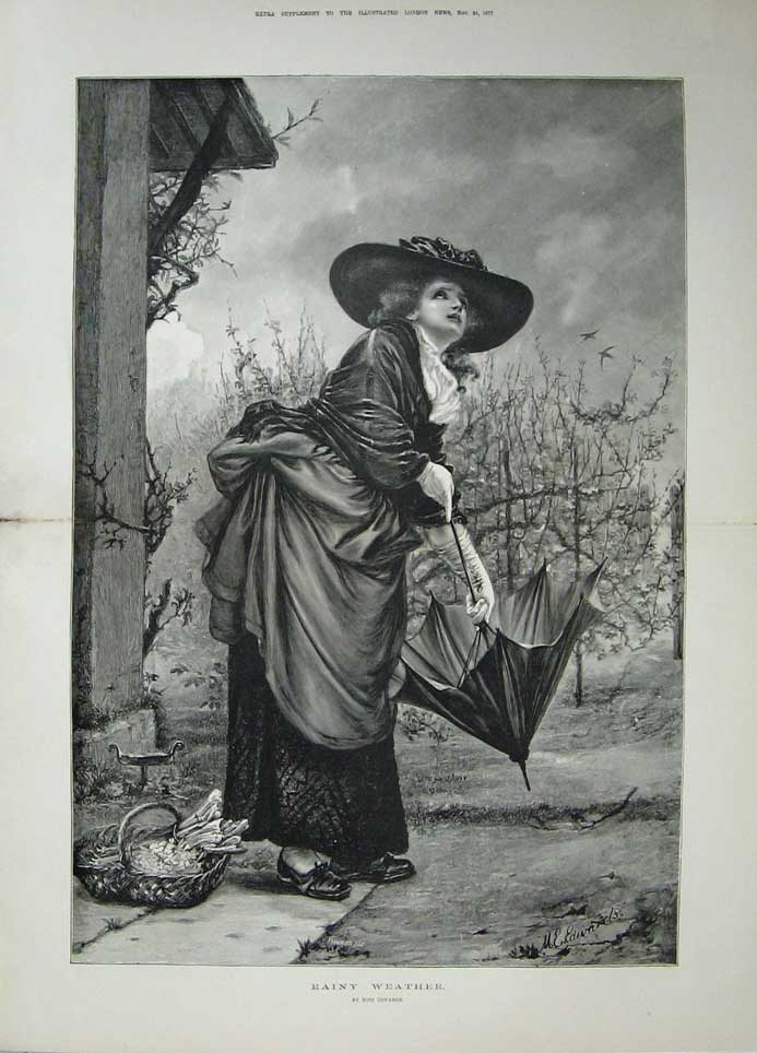 Original Old Antique Print 1877 Fine Art Edwards Rainy Weather Woman Umbrella