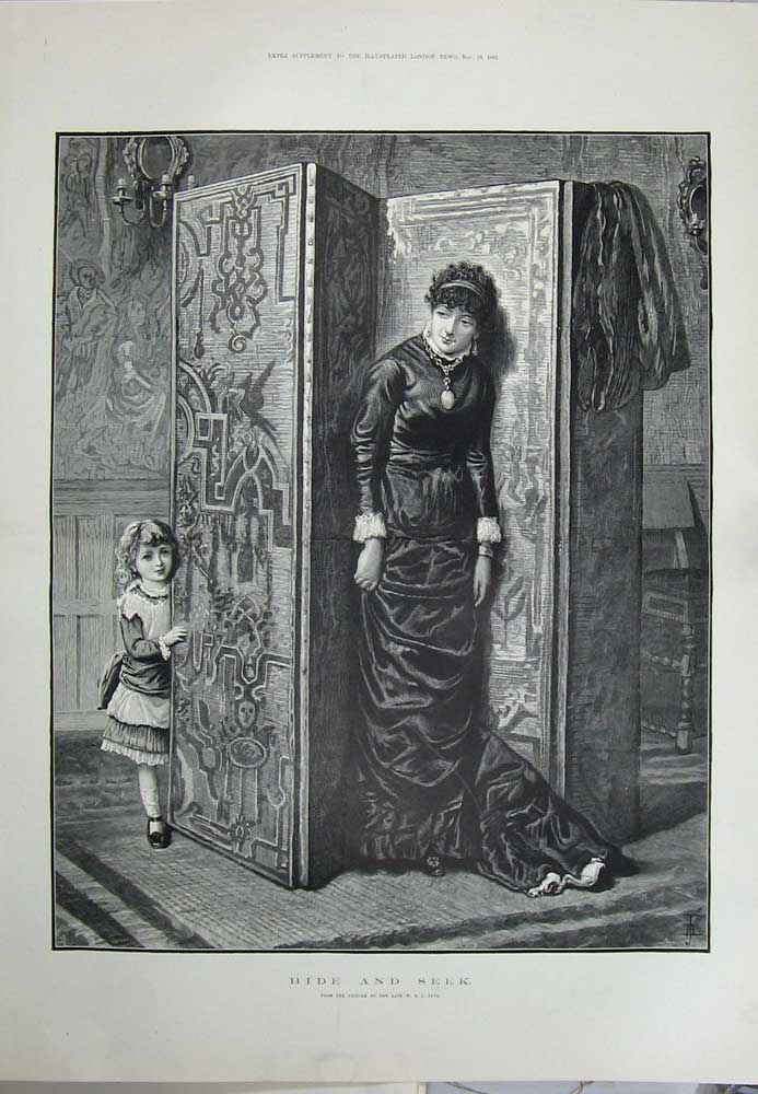 Old Antique Print 1882 Fine Art Fyfe Little Girl Mother Hide Seek House 19th