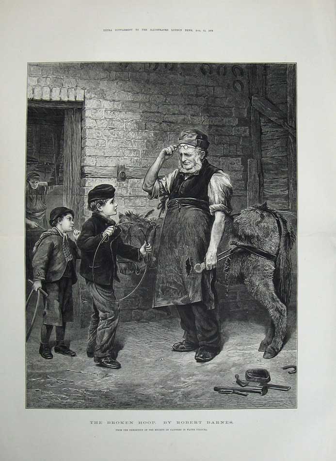 Old Antique Print 1876 Little Boys Blacksmith Horse Broken Hoop Barnes 19th