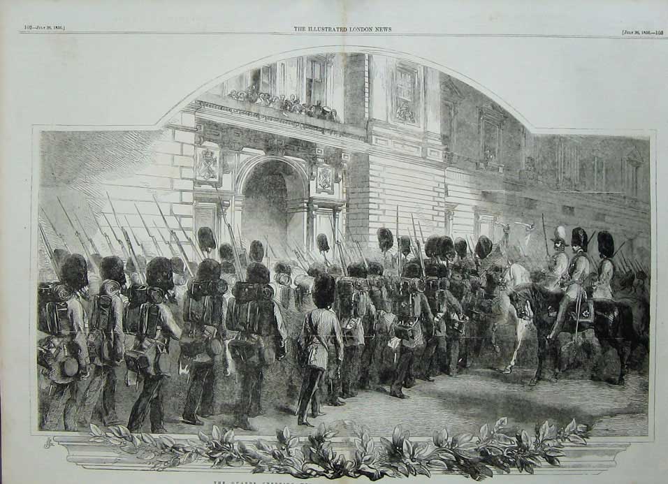 Original Old Antique Print 1856 Guards Uniform Horses Siers Buckingham Palace