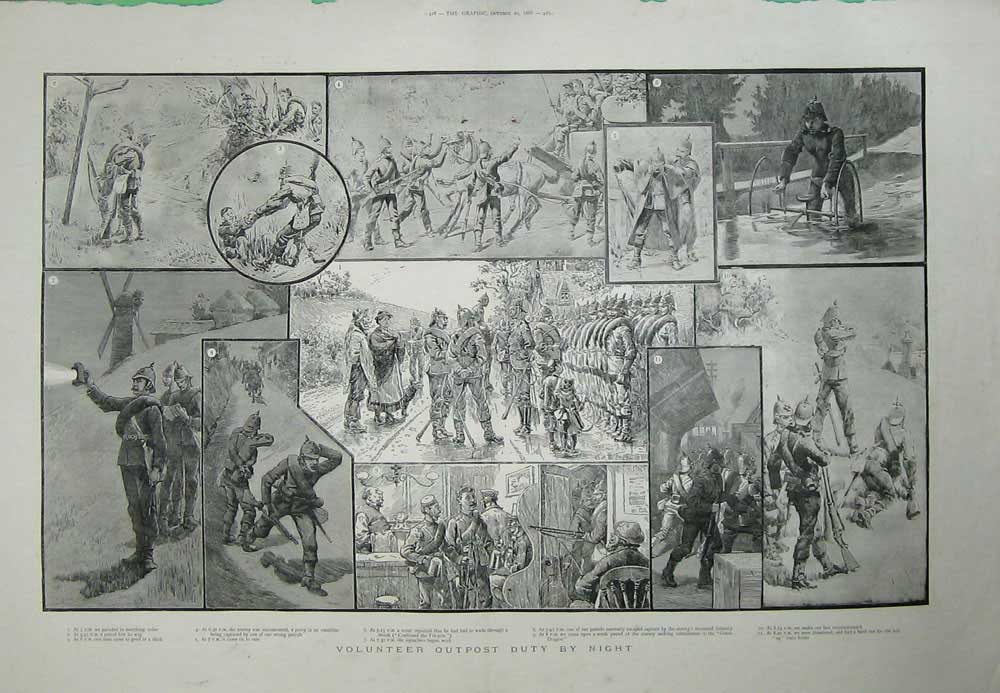 Original Old Antique Print 1888 Volunteer Outpost Ta Siers War Army Weapons