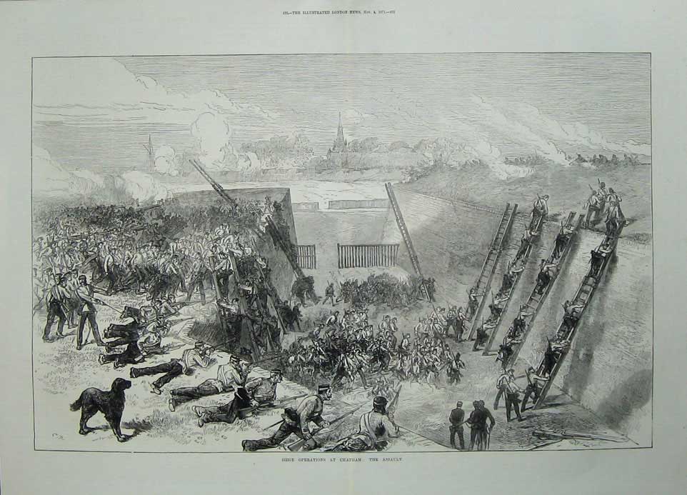Original Old Antique Print 1871 Siege Operations Chatham Assault Battle Siers