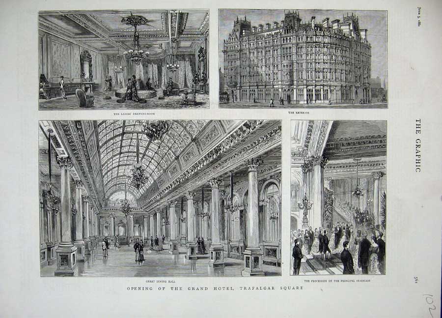 Original Old Antique Print 1880 Grand Hotel Trafalgar Square London Dining Hall