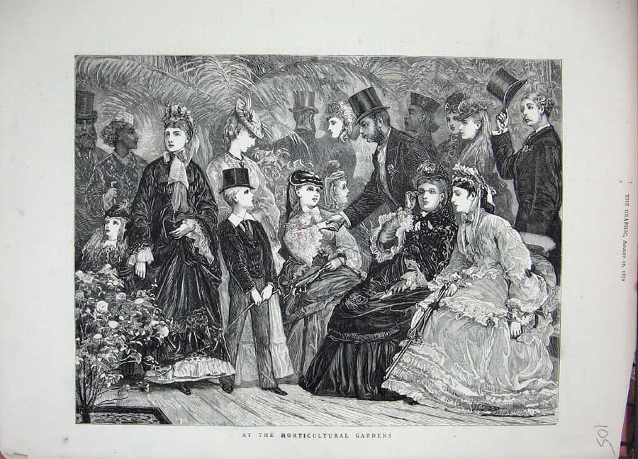 Old Antique Print Horticultural Gardens 1872 Flowers People Children Art 19th