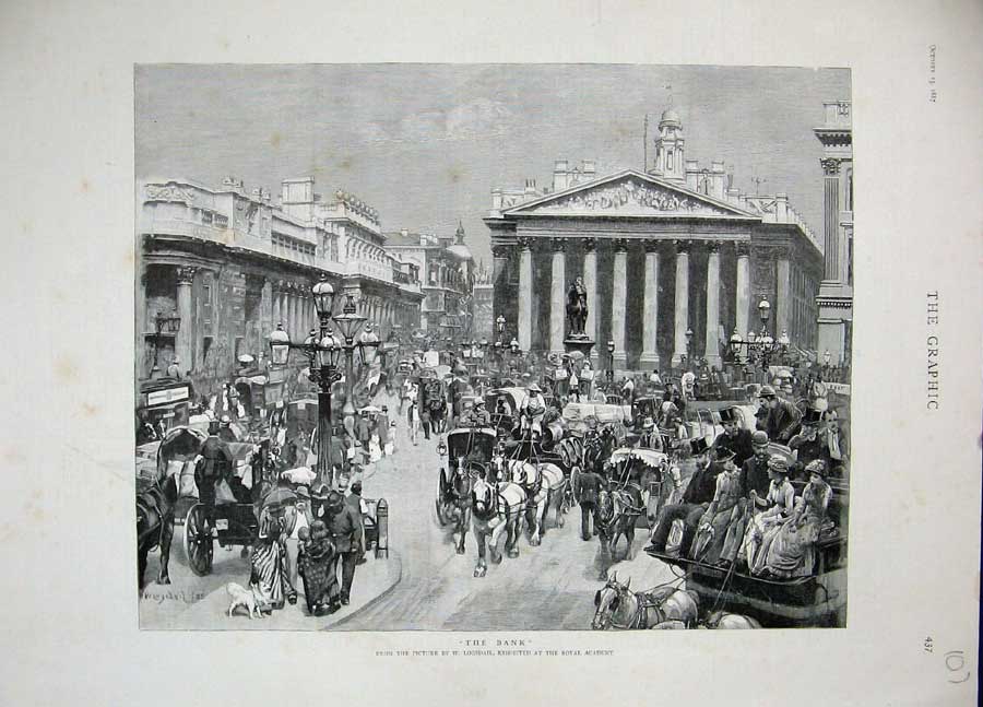 Original Old Antique Print 1887 Bank Buildings Street Horses Carriage Academy