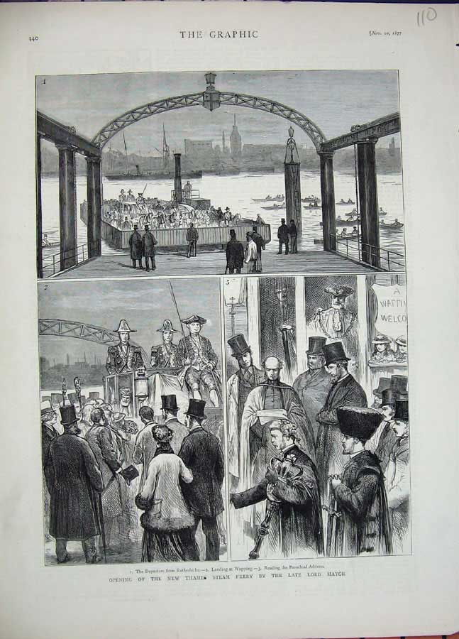 Old Antique Print 1877 Thames River Steam Ferry Mayor Wapping Rotherhithe 19th