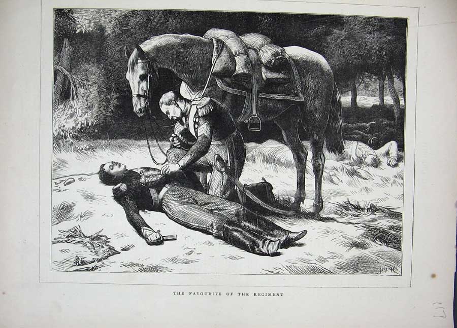 Original Old Antique Print 1870 Dead Sier Horse War Army Trees 19th