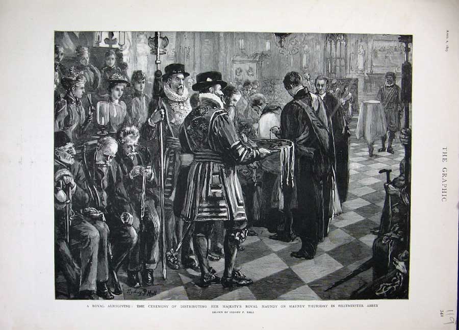 Old Antique Print 1893 Royal Almsgiving Ceremony Maundy Westminster Abbey 19th