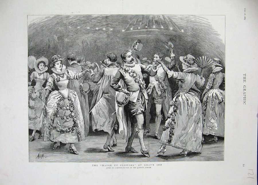 Original Old Antique Print Maske Flowers Gray'S Inn 1887 Queens Jubilee Dancing