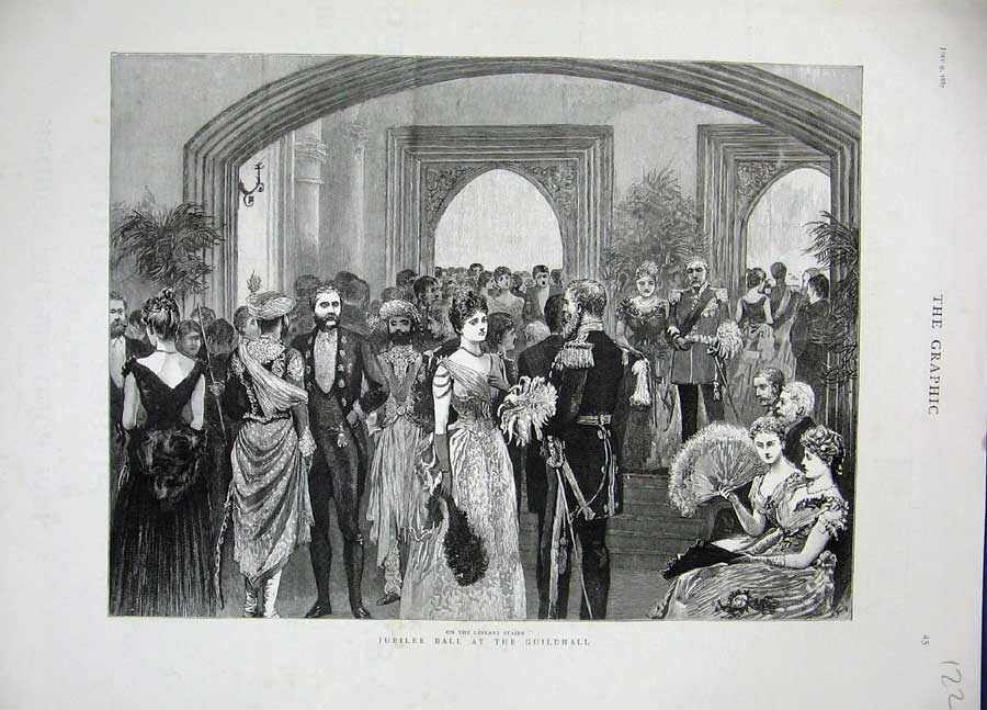 Original Old Antique Print 1887 Jubilee Ball Guildhall Library Stairs Dance Art