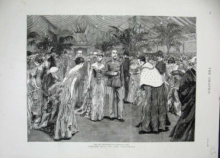 Original Old Antique Print 1887 Jubilee Ball Guildhall Lord Mayor Royal Party