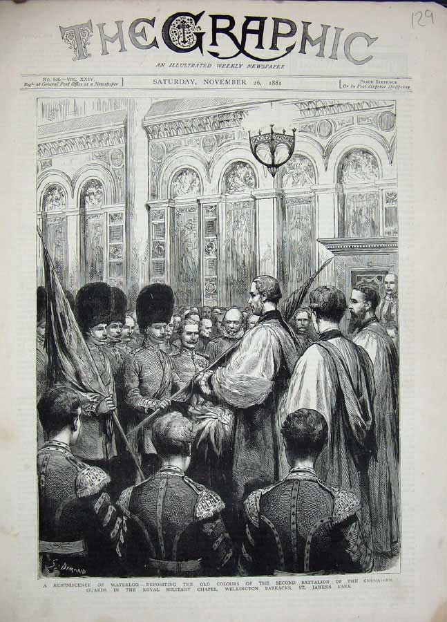 Old Antique Print 1881 Royal Military Chapel Wellington Barracks Jame'S 19th