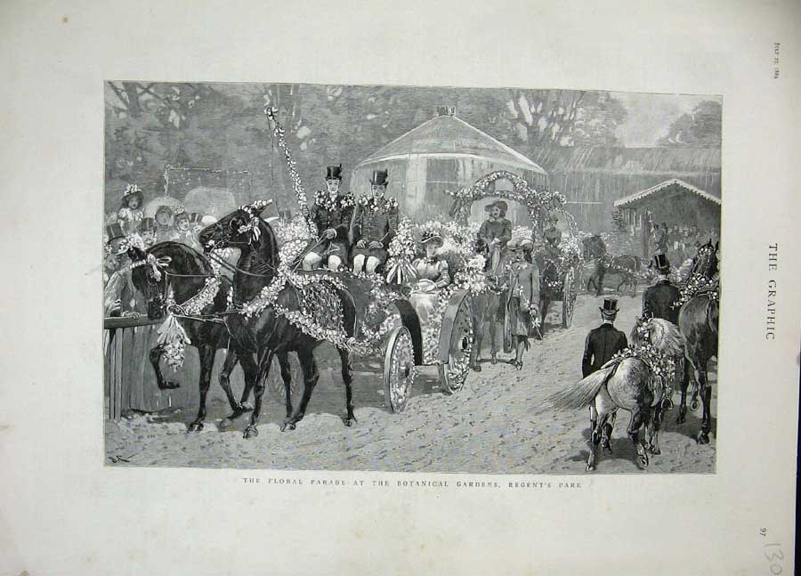 Original Old Antique Print 1889 Floral Parade Botanical Gardens Regent'S London