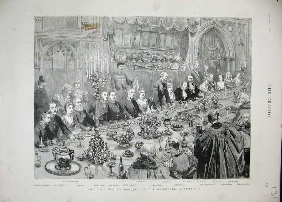 Old Antique Print 1887 Lord Mayor'S Banquet Guildhall Salisbury Cadogan 19th