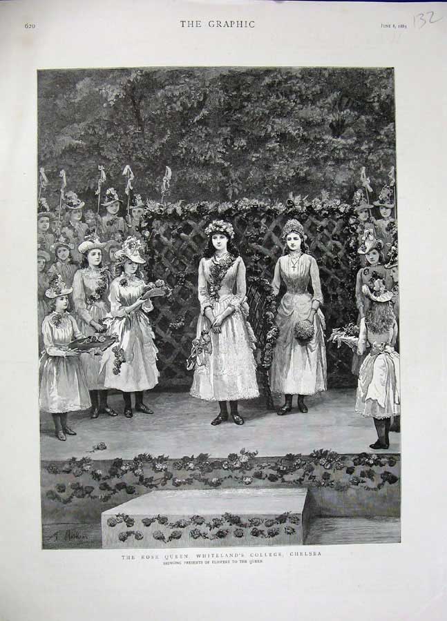 Original Old Antique Print 1889 Rose Queen Whiteland'S College Chelsea Flowers