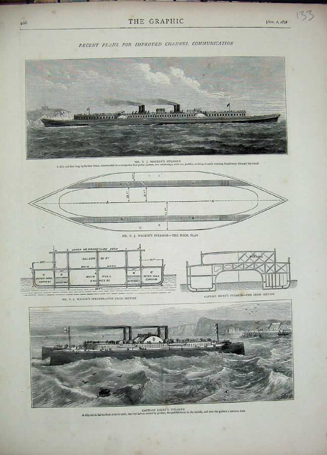 Original Old Antique Print 1872 Captain Dicey'S Steamer Ship Mackie'S Deck Plan