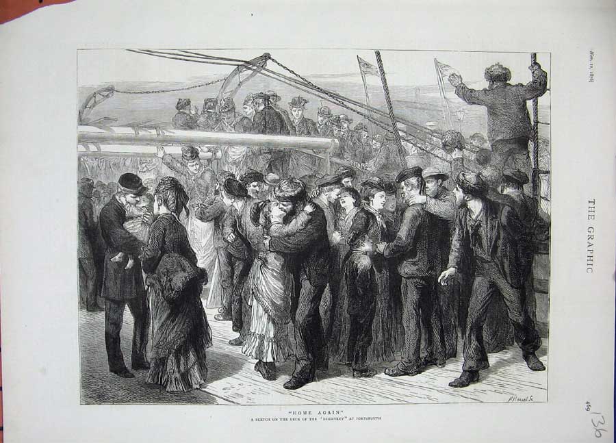 Original Old Antique Print 1876 Sailors Navy War Deck Ship Discovery Portsmouth