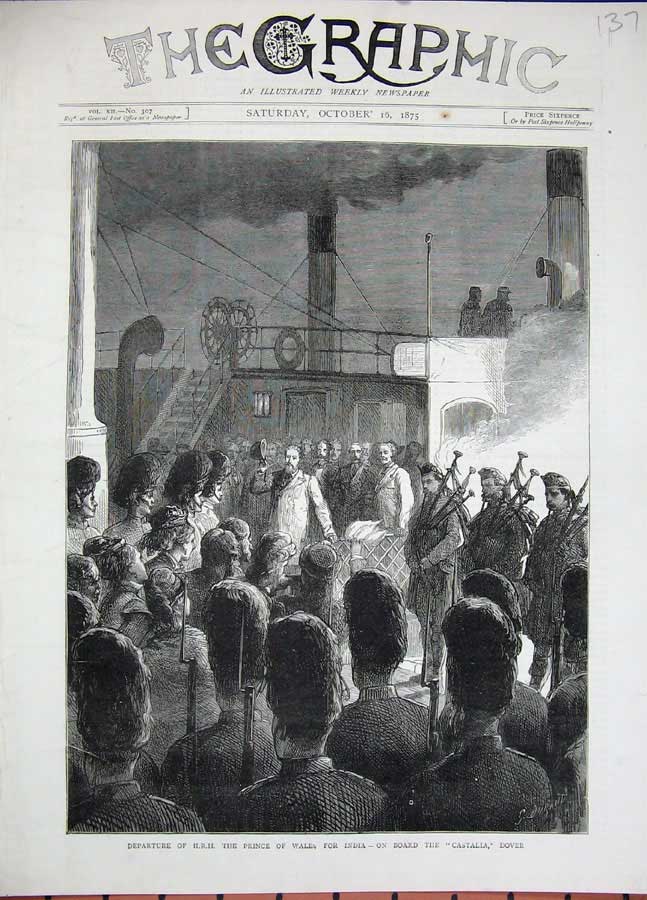 Old Antique Print 1875 Departure Prince Wales India Ship Castalia Dover 19th