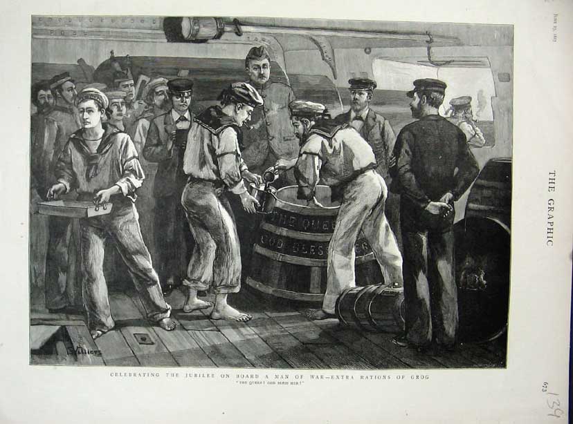 Original Old Antique Print 1887 Jubilee Celebrations Ship Man War Rations Grog
