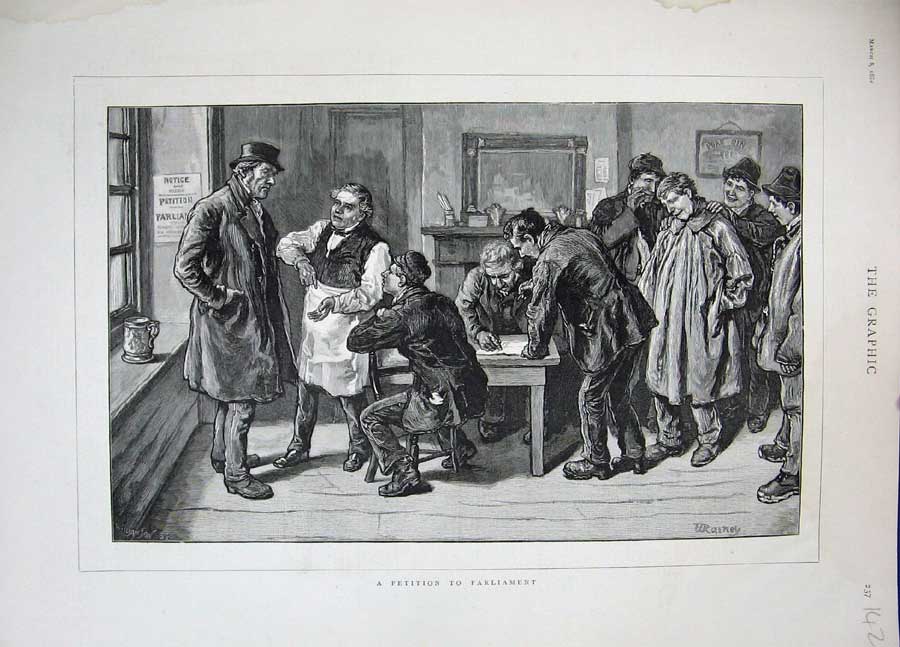 Original Old Antique Print Petition Parliament 1884 Men Signing Paper Table