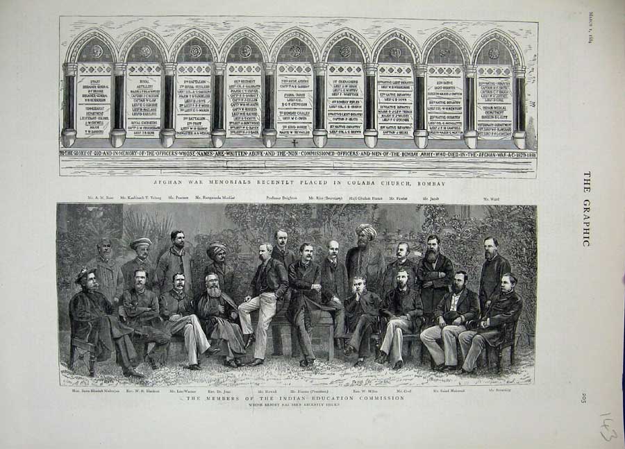 Original Old Antique Print 1884 Indian Commission Afghan War Memorials Bombay